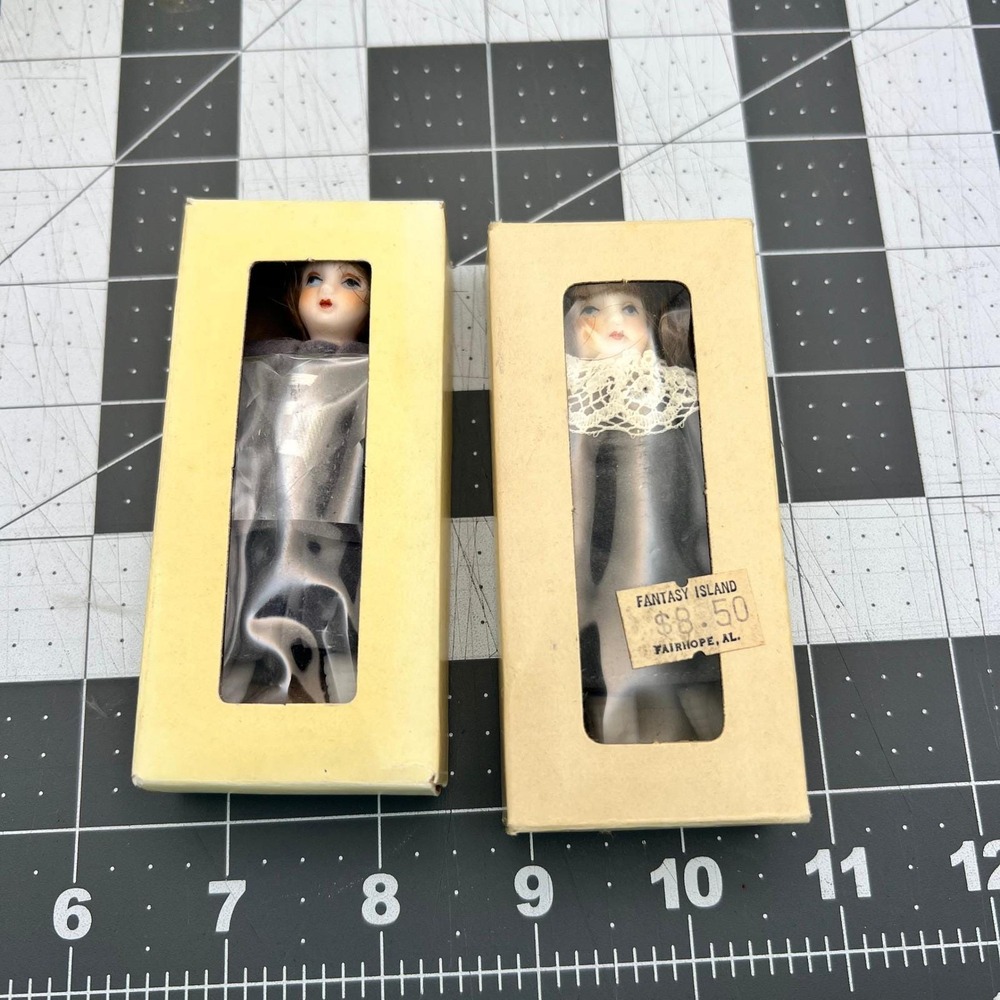 Vintage Bisque Porcelain Miniature Dollhouse Dolls Pair Boy Girl Grey Outfits 4"